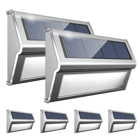 Roshwey Solar Deck Lights 6-pack, 9 Leds, Stainless Steel, Ideal Solar Powered Outdoor Wall Deck Lights for Step Stair Fence Path Patio Pathway, Cool White