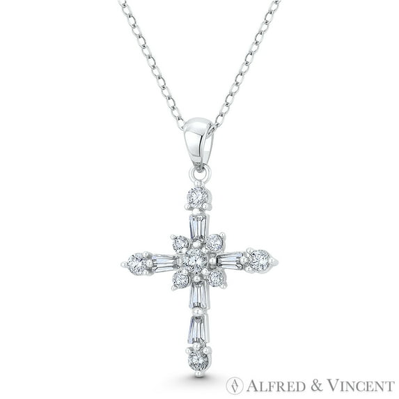 Rosicrucian Rose Cross Cubic Zirconia CZ Crystal Pave 29x19mm (1.1x0.75in) Christian Pendant & Chain Necklace in .925 Sterling Silver w/ Rhodium