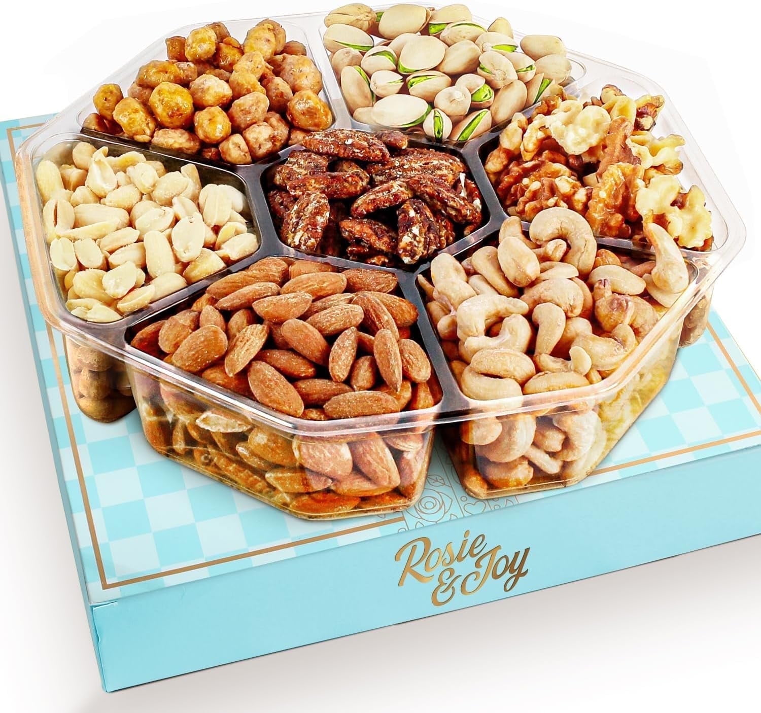 Rosie & Joy Gourmet Mixed Nuts Gift Basket | Large 2 lb Platter Includes 7 Assortments of Delicious Premium Nuts, Ideal for Christmas, Corporate Gifts & Special Occasions