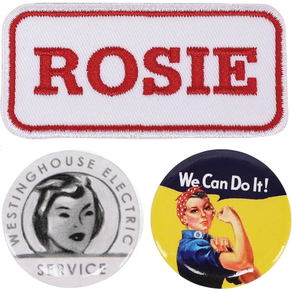 Rosie The Riveter Badge Set  Rosie Iron-On Patch + 2 Pin Buttons  We Can Do It! & Electric Service Designs  Vintage Feminist Icon Apparel Accessories