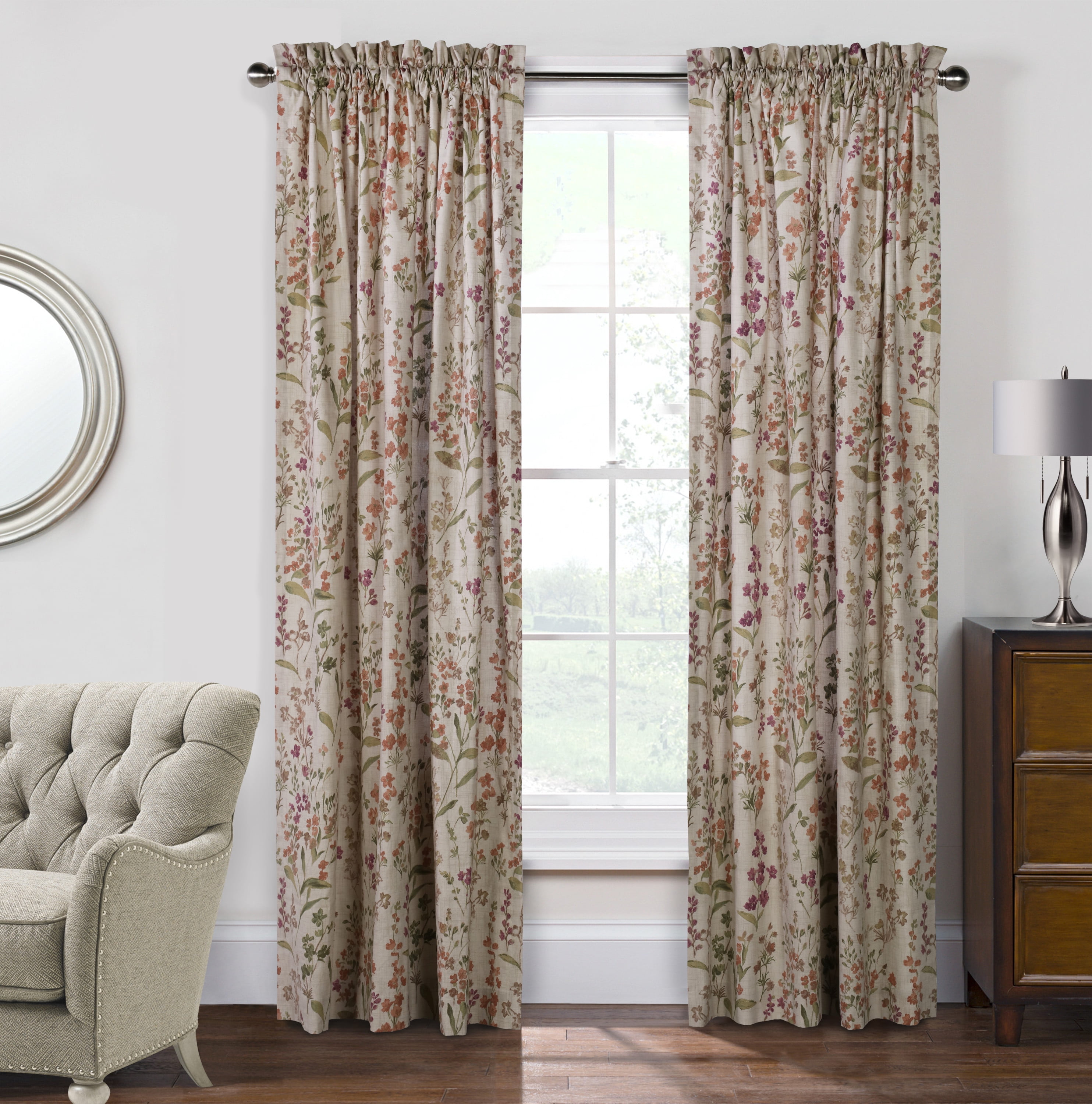 Rosie Textured Cotton Floral Print Curtain Panel - Pair each 50" x 63" in Linen