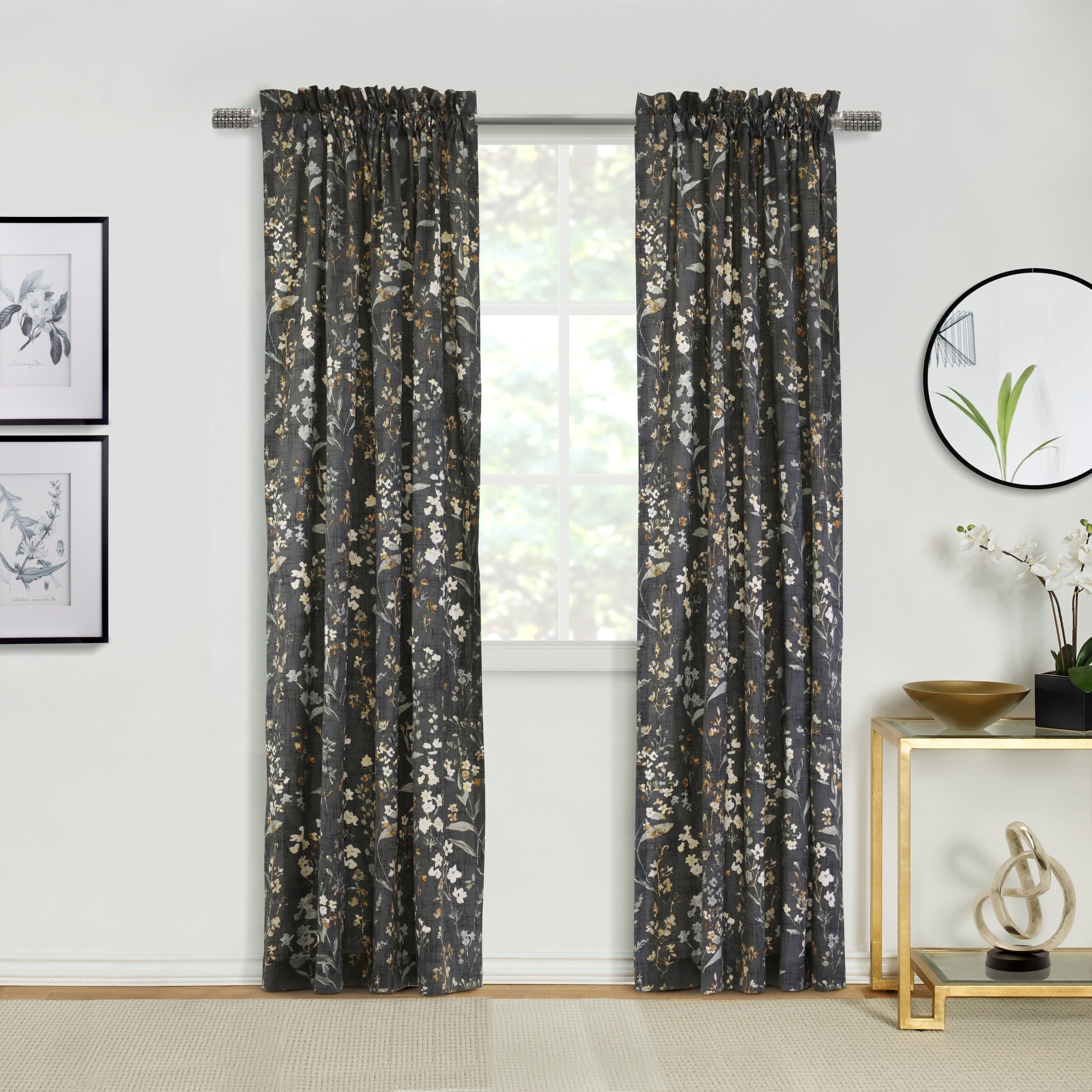 Rosie Textured Cotton Floral Print Curtain Panel - Pair each 50" x 84" in Dark Grey
