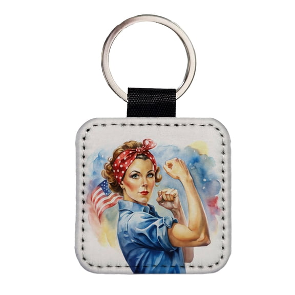 Rosie The Riveter Patriotic Watercolor Faux Leather Square Keychain