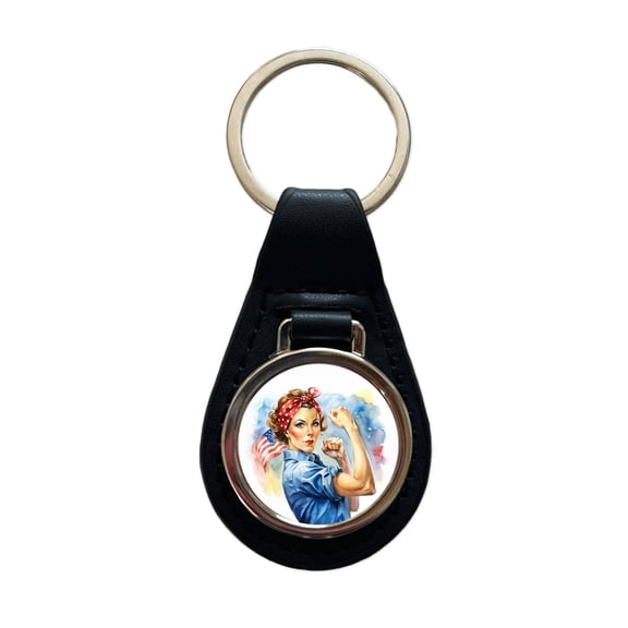 Rosie The Riveter Patriotic Watercolor Metal Black Leather Keychain