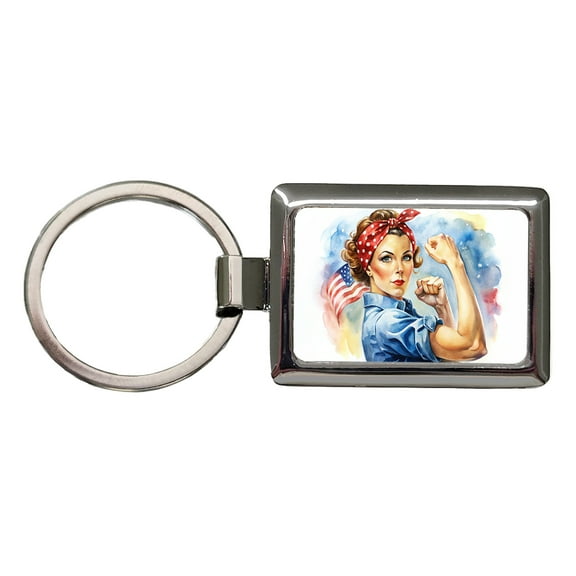 Rosie The Riveter Patriotic Watercolor Metal Rectangle Keychain