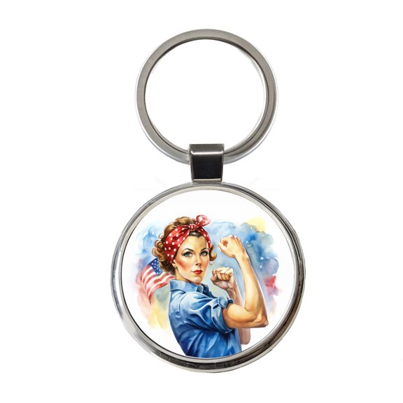 Rosie The Riveter Patriotic Watercolor Metal Round Keychain
