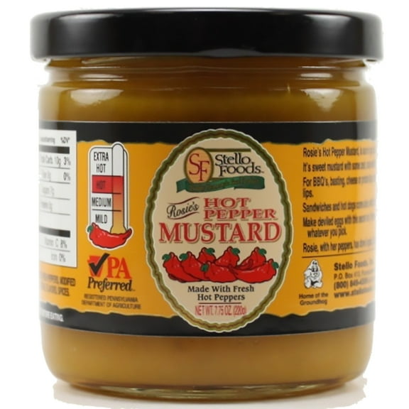 Stello Foods - Rosie's Hot Pepper Mustard 7.75 oz, No preservatives, No high fructose corn syrup, No artificial colors, Vegan, Vegetarian, Gluten Free