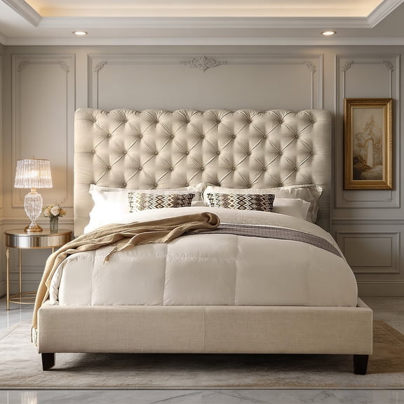 Rosina King Bed Frame Chesterfield-Style Upholstered Bed with Roll Head, Adjustable Headboard, Wood Slat Support, Easy Assembly, Linen Beige