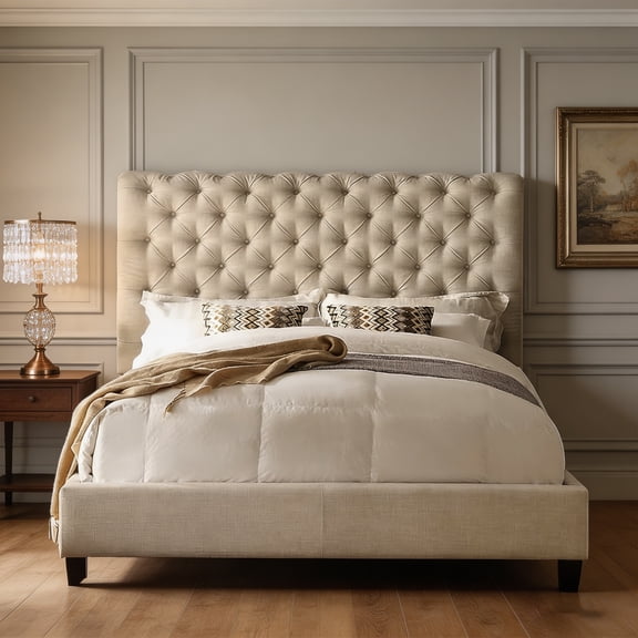 Rosina King Bed Frame Chesterfield-Style Upholstered Bed with Roll Head, Adjustable Headboard, Wood Slat Support, Easy Assembly, Linen Beige