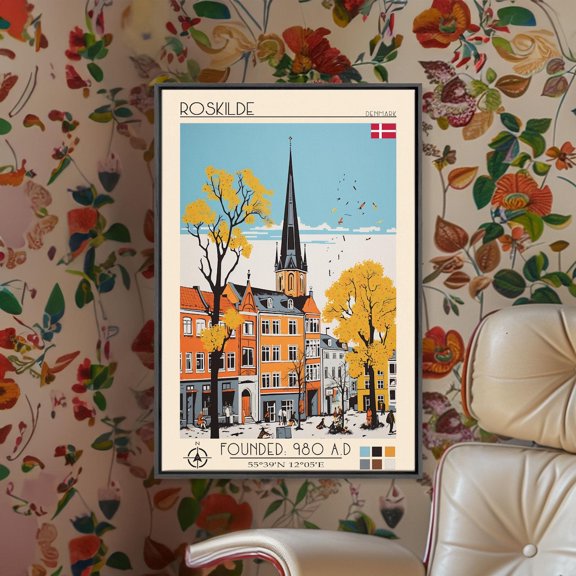 Roskilde Denmark Mid Century Modern Travel Poster, Unframed Size 24x36