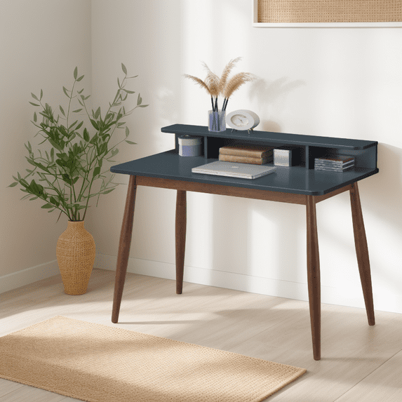 Roskilde Mid-Century Modern Wood Writing Desk With Hutch, Grey