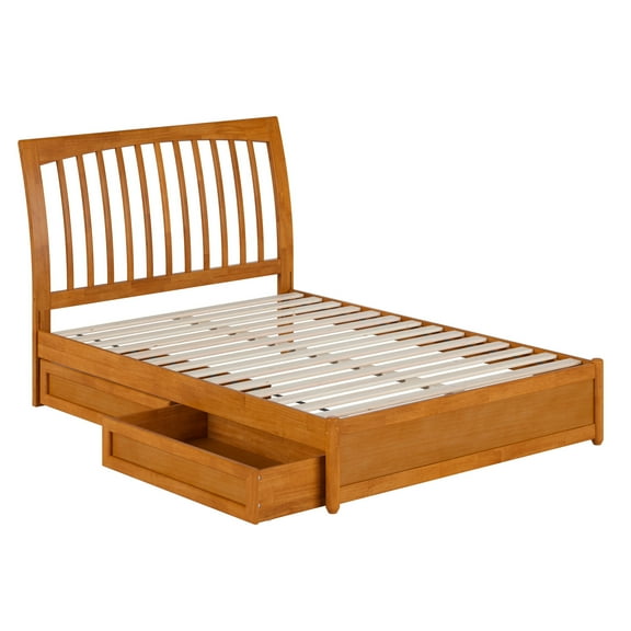 Roslyn Full Wood Platform Bed with Panel Footboard & Drawers in Light Toffee