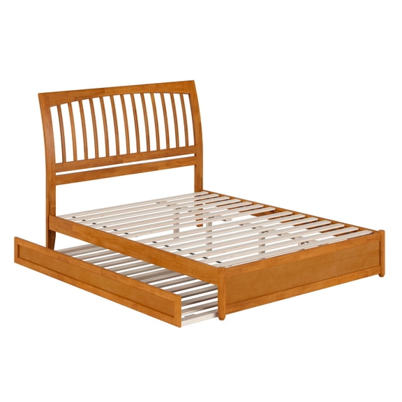 Roslyn Queen Wood Platform Bed w/ Panel Footboard & TXL Trundle in Light Toffee