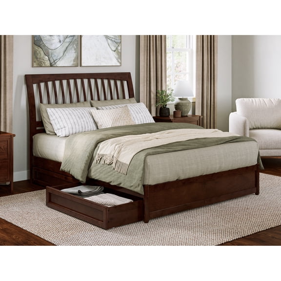 Roslyn Queen Platform Bed with Panel Footboard & 2 Storage Drawers in Walnut