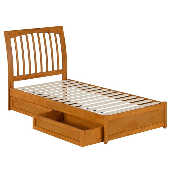 Roslyn Twin Wood Platform Bed with Panel Footboard & Drawers in Light Toffee
