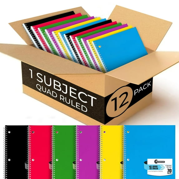 Rosmonde 1 Subject Graph Paper Spiral Notebook, 12 Pack, 70 Sheets (140 Pages), 8 x 10-1/2" Bulk 4x4 Spiral Bound Grid Notebooks, 3 Hole Punched Single Subject Quad Ruled Spiral Notebooks for School