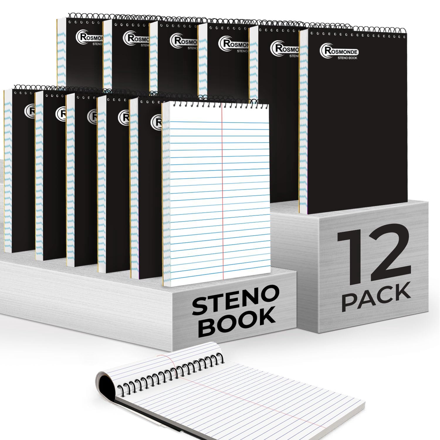 Rosmonde Spiral Steno Pads 12 Pack, 6 x 9 in, Gregg Ruled, 80 Sheets (160 Pages), Top Spiral Notebook, Black Cover, Bulk Steno Pads for Business, Office & Professional Use
