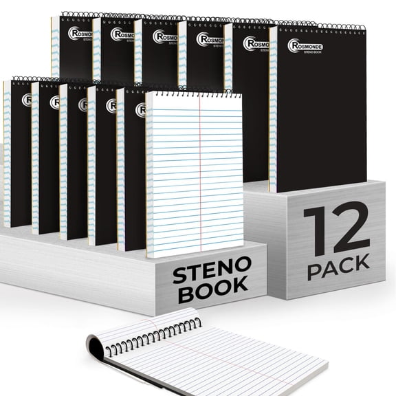 Rosmonde Spiral Steno Pads 12 Pack, 6 x 9 in, Gregg Ruled, 80 Sheets (160 Pages), Top Spiral Notebook, Black Cover, Bulk Steno Pads for Business, Office & Professional Use