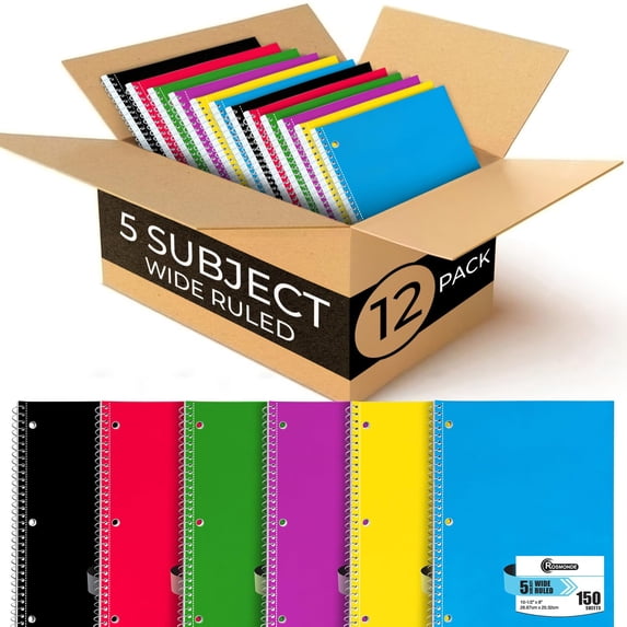 Rosmonde Spiral Notebooks 12 Pack, 5 Subject, 300 Pages (150 Sheets), Wide Ruled, 8 x 10.5 in, Soft Cover, Bulk Spiral Notebooks for School & Office, Assorted Colors