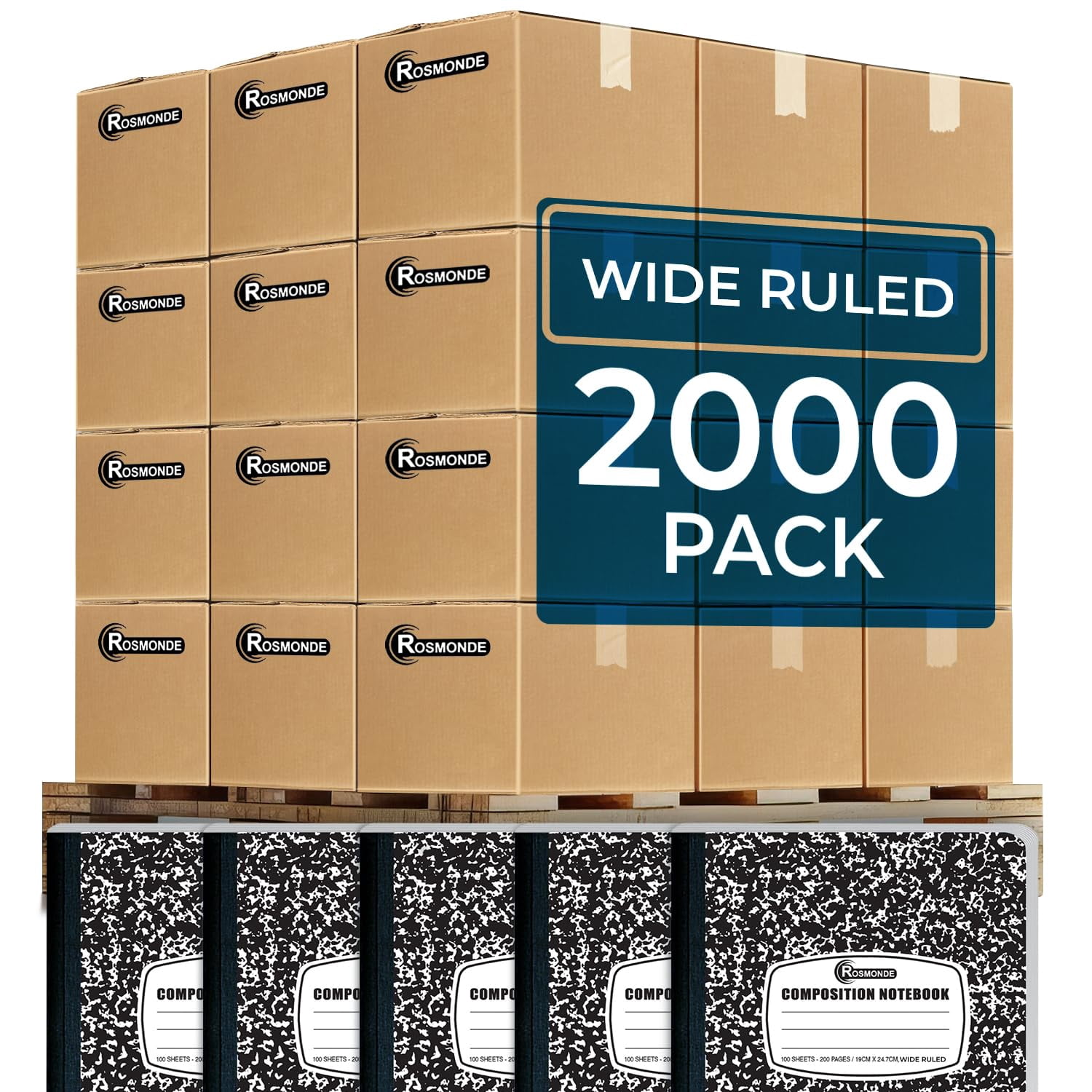Rosmonde 2000 Pack (Pallet) Composition Notebooks Bulk, Wide Ruled, Full Pallet of Notebooks, 200 Pages (100 Sheets), 9-3/4 x 7-1/2, Bulk Notebooks for School, Bulk Office Notebooks, 4-7 Days Transit