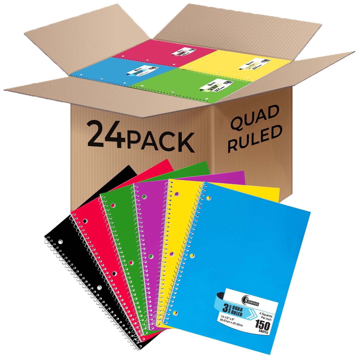 Rosmonde 24 Pack, 3 Subject Spiral Notebooks Graph Ruled, 300 Pages