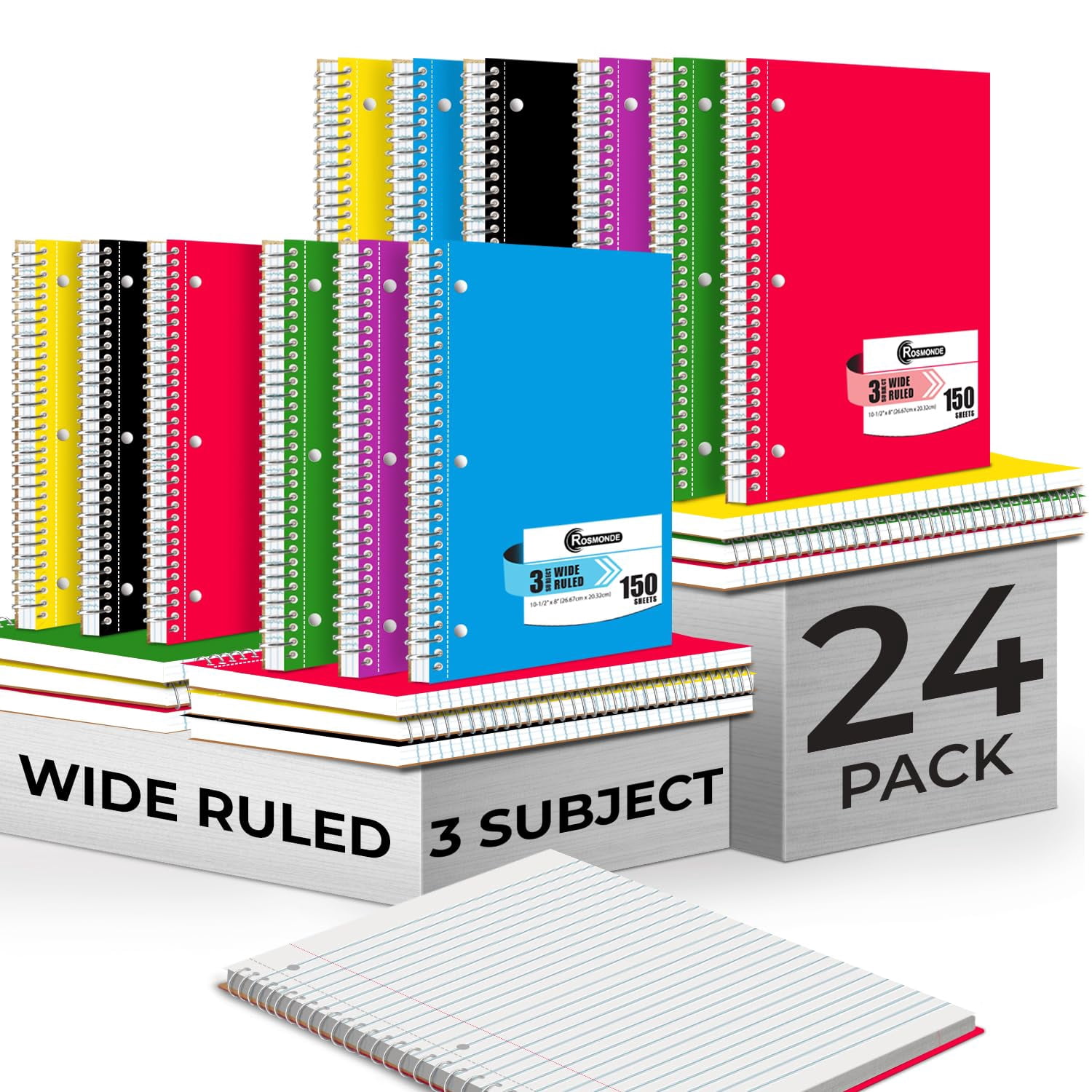 Rosmonde 24 Pack Spiral Notebook, 3 Subject, Wide Ruled, 300 Pages/Book (150 Sheets), 8 x 10-1/2", Bulk School & Office Spiral Notebooks, Sturdy Spiral Journal Notebook, Soft Cover, Assorted Colors