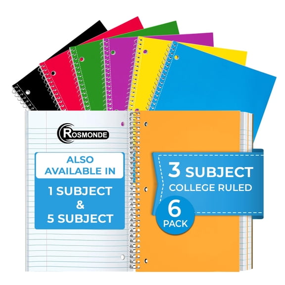 Rosmonde Spiral Notebooks 6 Pack, 3 Subject, College Ruled, 150 Sheets (300 Pages), 8 x 10.5 in, 3 Hole Punched, No Bleed Paper, Assorted Colors for School, Home & Office Use
