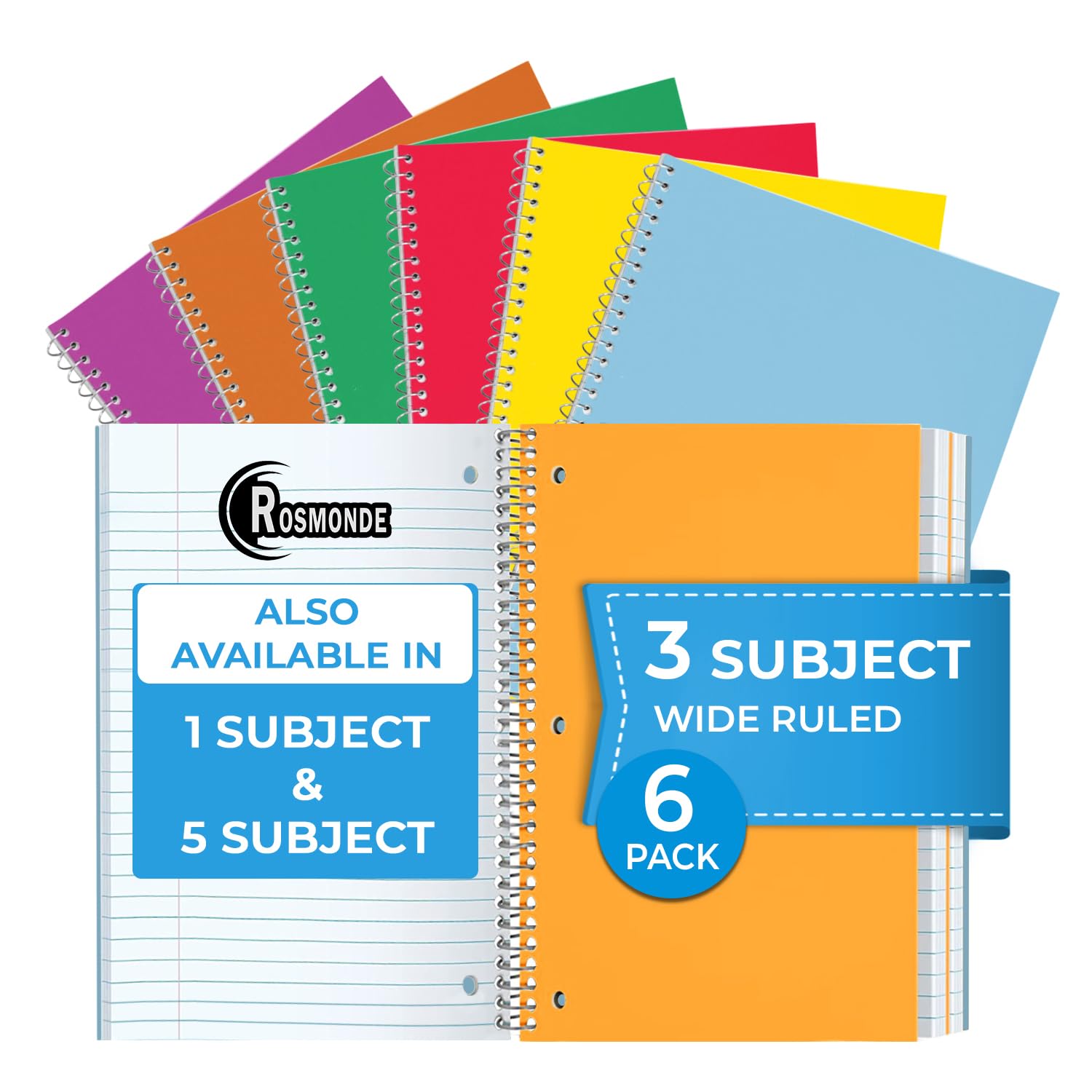 Rosmonde 3 Subject Spiral Notebook, 6 Pack, Wide Ruled, Water Resistant