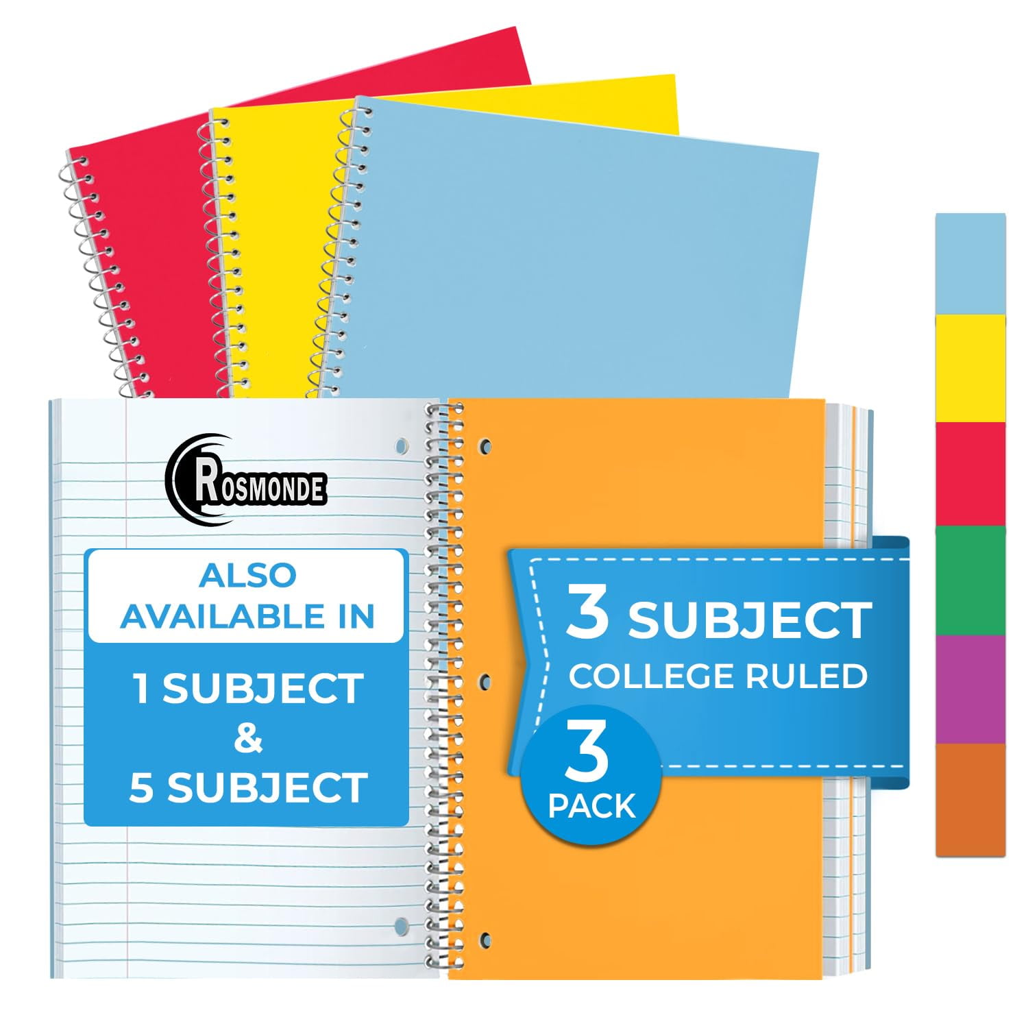 Rosmonde 3 Subject Spiral Notebook, 3 Pack, College Ruled, Water Resistant Cover, Thick 300