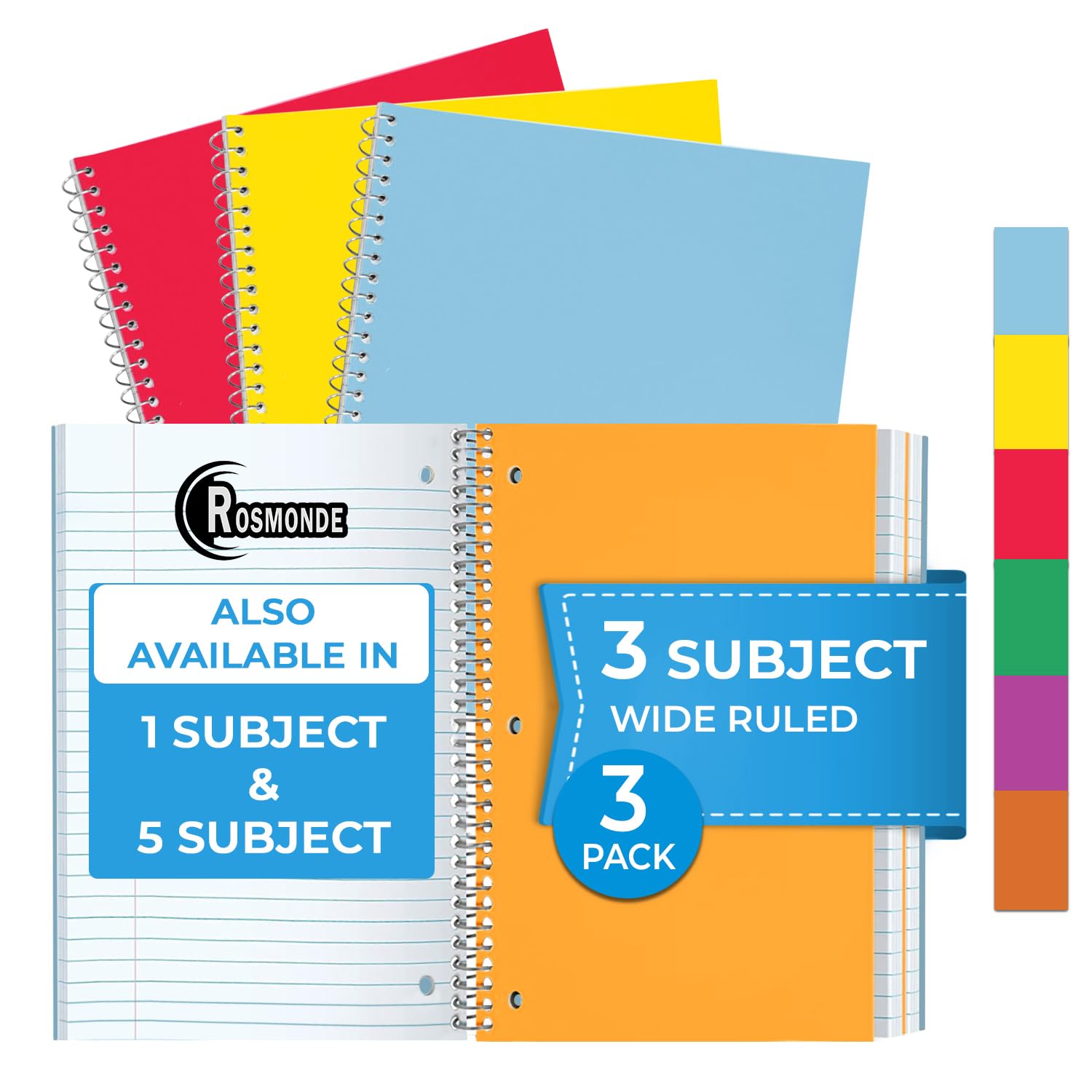 Rosmonde 3 Subject Spiral Notebook, 3 Pack, Wide Ruled, Water Resistant