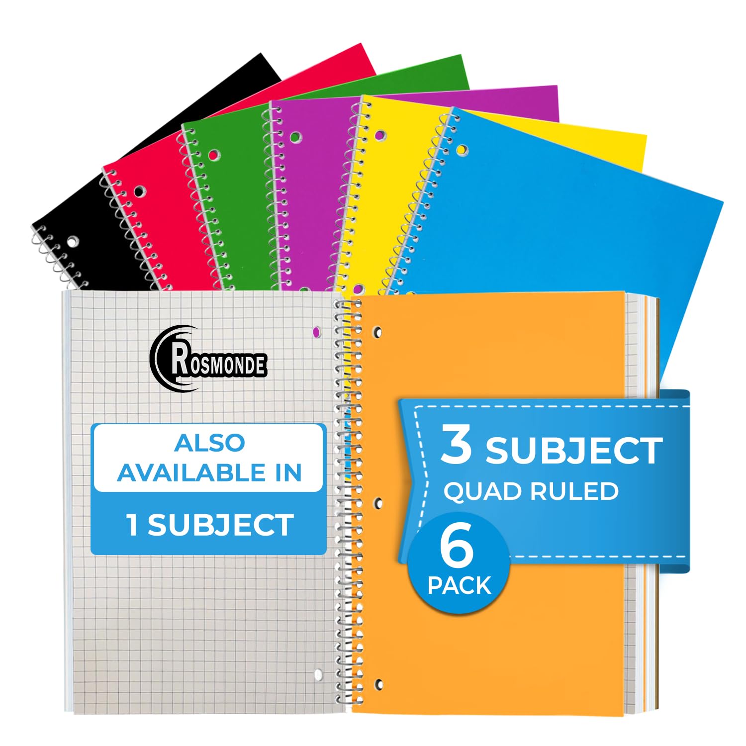Rosmonde 3 Subject Spiral Notebooks Graph Ruled, 6 Pack, 300 Pages (150