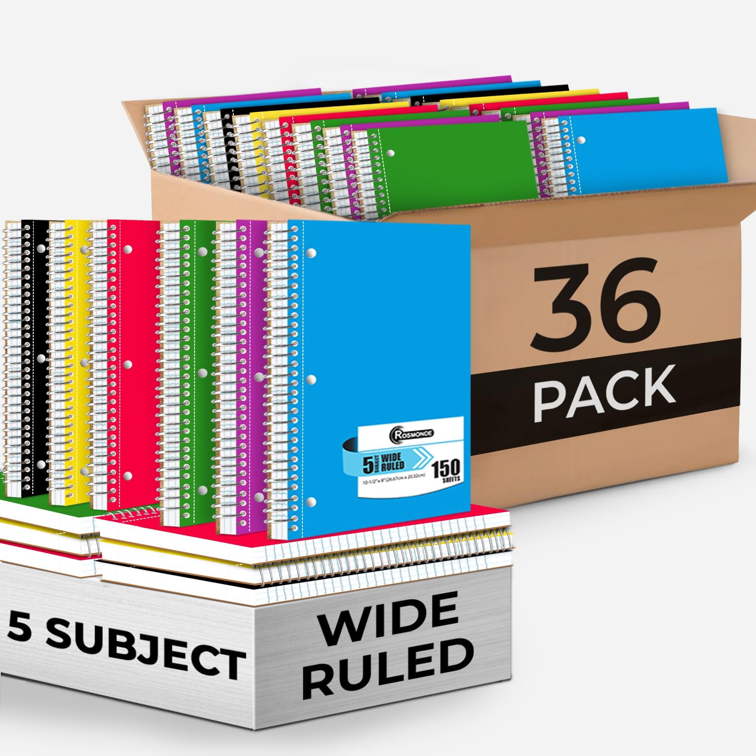 Rosmonde 36 Pack Spiral Notebook, 5 Subject, Wide Ruled, 300 Pages/Book (150 Sheets), 8 x 10-1/2", Bulk School & Office Spiral Notebooks, Sturdy Spiral Journal Notebook, Soft Cover, Assorted Colors