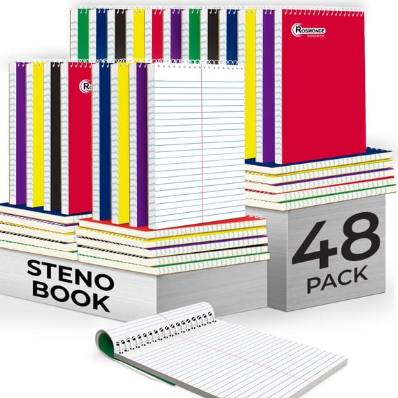 Rosmonde Spiral Steno Pads 48 Pack, 6 x 9 in, Gregg Ruled, 80 Sheets (160 Pages), Top Spiral Notebook, Assorted Covers, Bulk Steno Notebooks for Office, School & College Use