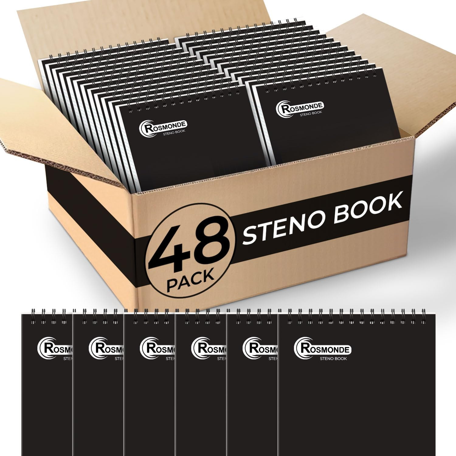 Rosmonde 48 Pack Bulk Spiral Steno Pads, 6"x 9", Steno Notebook Gregg Rule, Black Covers, 80