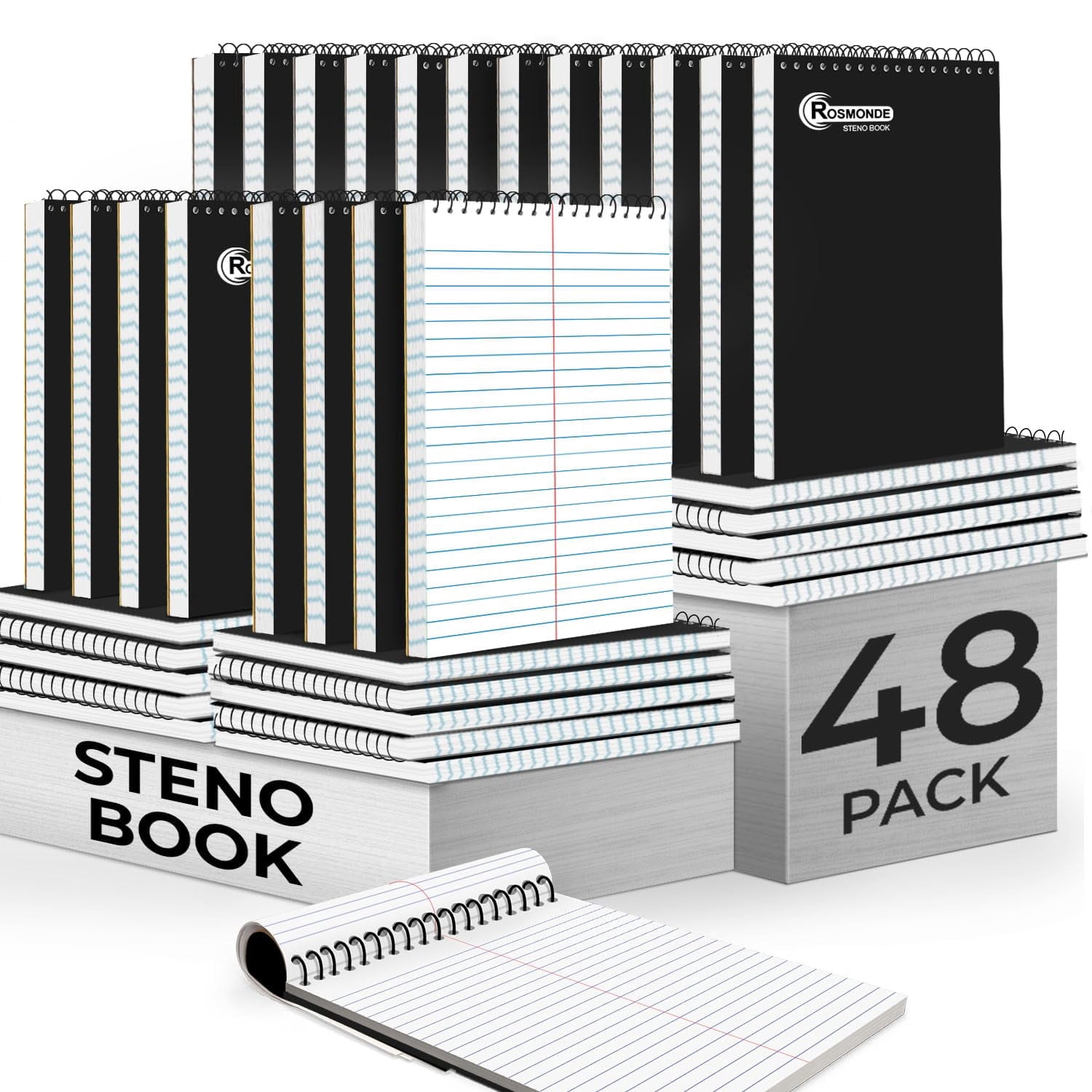 Rosmonde Spiral Steno Pads 48 Pack, 6 x 9 in, Gregg Ruled, 80 Sheets (160 Pages), Top Spiral Notebook, Black Covers, Bulk Steno Notebooks for School, College & Office Notes