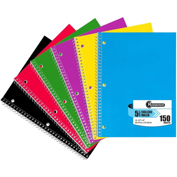 Rosmonde Spiral Notebooks 6 Pack, 5 Subject, College Ruled, 150 Sheets (300 Pages), 8 x 10.5 in, 3 Hole Punched, Thick No Bleed Paper, Notebooks for School & Office Use