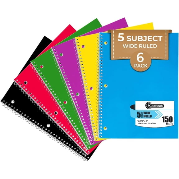 Rosmonde 5 Subject Notebook Wide Ruled, 6 Pack, 300 Pages (150 Sheets), 8 x 10-1/2", 5 Subject Spiral Notebook with Dividers, Thick Paper Fights Ink Bleed, 3 Hole Punched, Spiral Notebooks for School