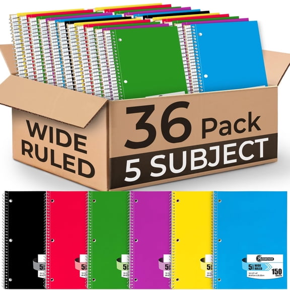 Rosmonde Spiral Notebooks Bulk, 36 Pack, 5 Subject, Wide Ruled, 150 Sheets (300 Pages), 8 x 10.5 in, 3 Hole Punched, Sturdy Spiral Bound Notebooks, Assorted Colors for School Use