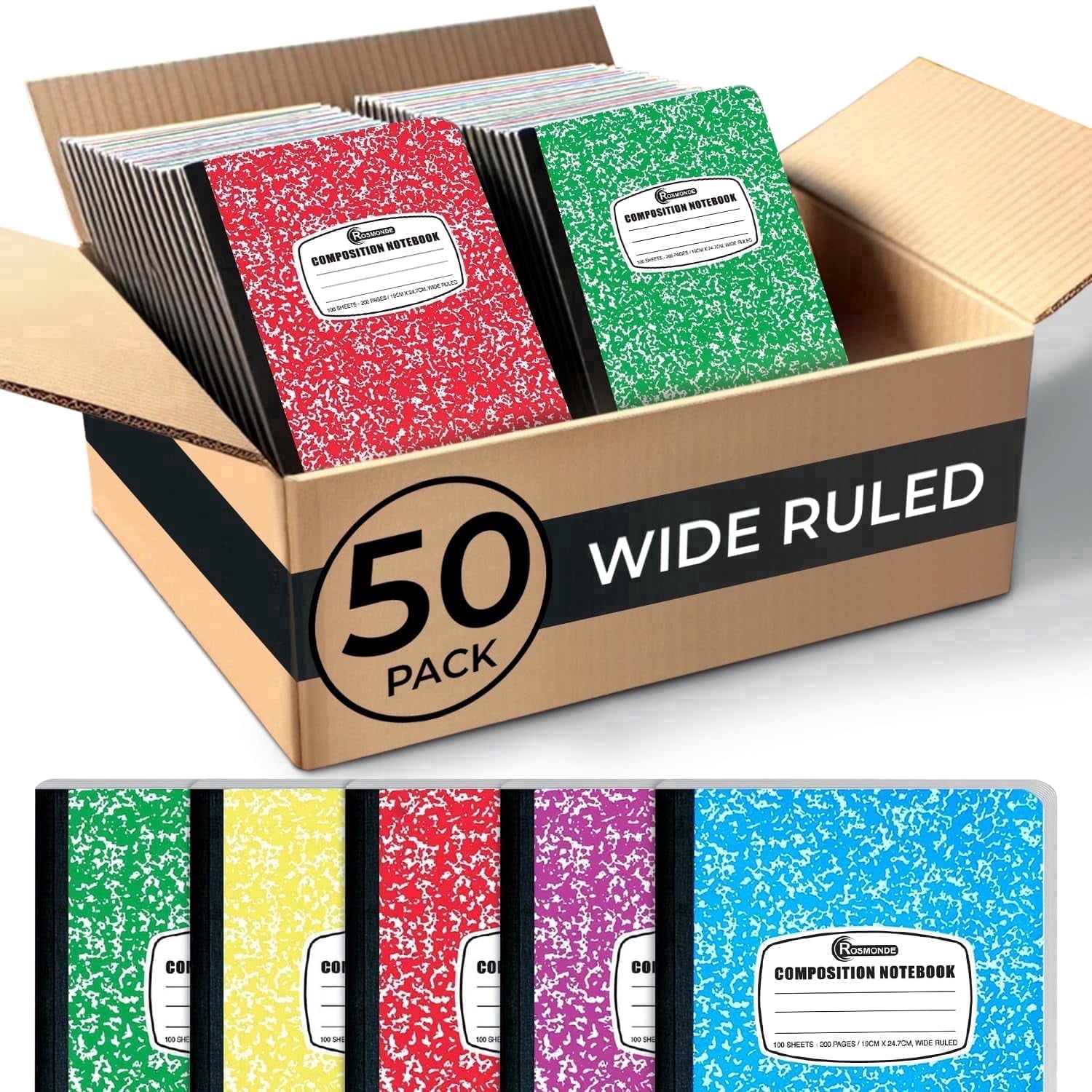 Rosmonde 50 Pack Bulk Composition Notebooks, Wide Ruled, 200 Pages (100 Sheets), 9-3/4 x 7-1/2, Hard Cover, Bulk School Supplies, Assorted Colors Marble Composition Journal, Bulk Notebooks for School
