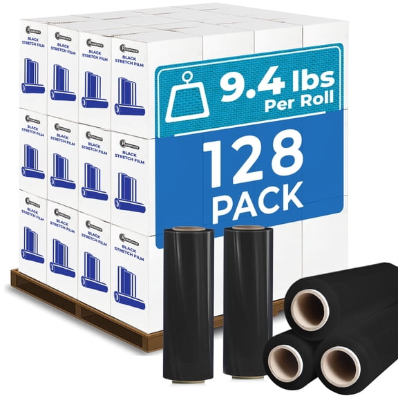 Rosmonde Black Plastic Stretch Wrap Bulk, 128 Rolls Pack, 18 in x 1500 ft, 80 Gauge Thick, 9.4 lbs/Roll, Industrial Strength Shrink Wrap for Warehouse, Moving & Secure Pallet Wrapping