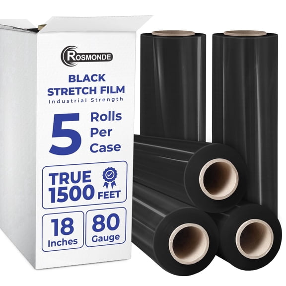Rosmonde Black Plastic Stretch Wrap Bulk, 18 in x 1500 ft, 5 Pack, 80 Gauge (20 Micron), 9.4 lbs/Roll, Industrial Strength, Heavy Duty Shrink Wrap for Moving & Pallet Wrap Use