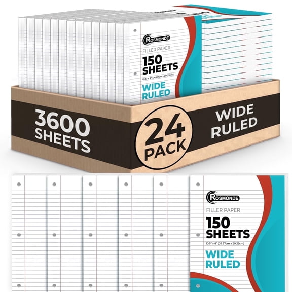 Rosmonde Bulk 3600 Sheets Loose Leaf Binder Filler Paper, Wide Ruled, Bulk Notebook Paper, 8 x 10.5", Bulk Loose Leaf Paper, 3 Hole Punched, 24 Pack, 150 Sheets/Pack, Bulk Filler Paper, Bulk Paper