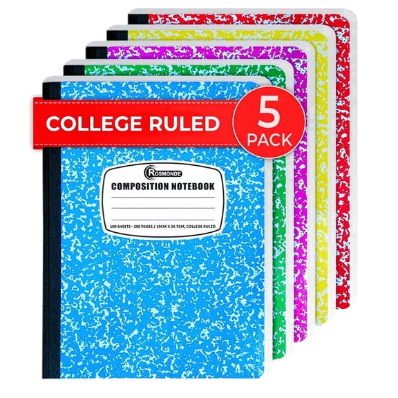 Rosmonde Composition Notebooks 5 Pack, College Ruled, 200 Pages (100 Sheets), 9.75 x 7.5 in, Hard Cover, No Bleed Paper, Assorted Colors May Repeat, Notebooks for School, College & Work