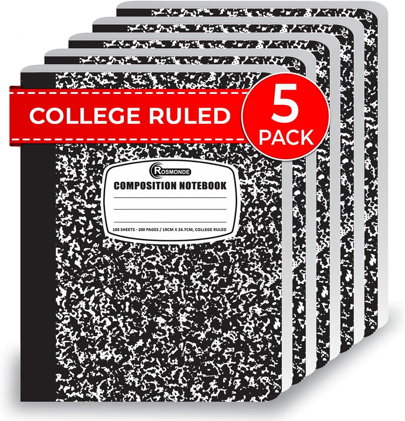 Rosmonde College Ruled Composition Notebooks 5 Pack, 200 Pages (100