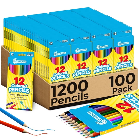 Rosmonde Colored Pencils Bulk, 100 Pack (1200 Count), 12 Assorted Colors, Pre-Sharpened, Easy Grip, Smooth Coloring, Bulk Supplies for Schools, Classrooms & Art Projects