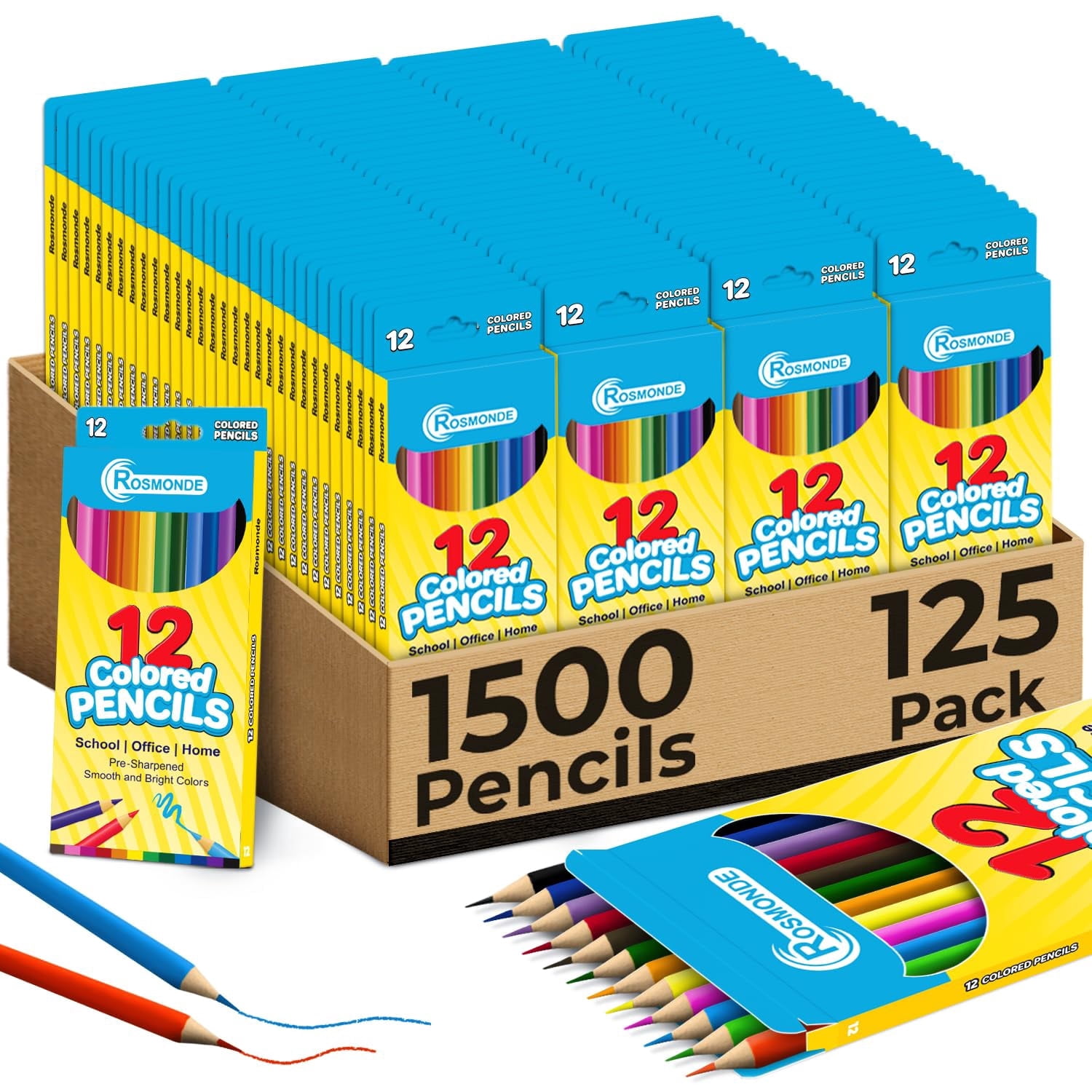 Rosmonde Colored Pencils Bulk, 125 Pack (1500 Pencils), 12 Assorted Colors, Pre-Sharpened, Easy Grip, Smooth Coloring, Bulk Art Supplies for Classrooms, Teachers & Back to School