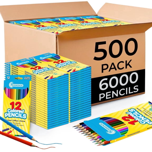 Rosmonde Colored Pencils Bulk, 500 Pack (6000 Count), 12 Assorted Colors, Pre-Sharpened, Easy Grip, Smooth Coloring, Bulk Supplies for Classrooms, School Districts & Art Projects