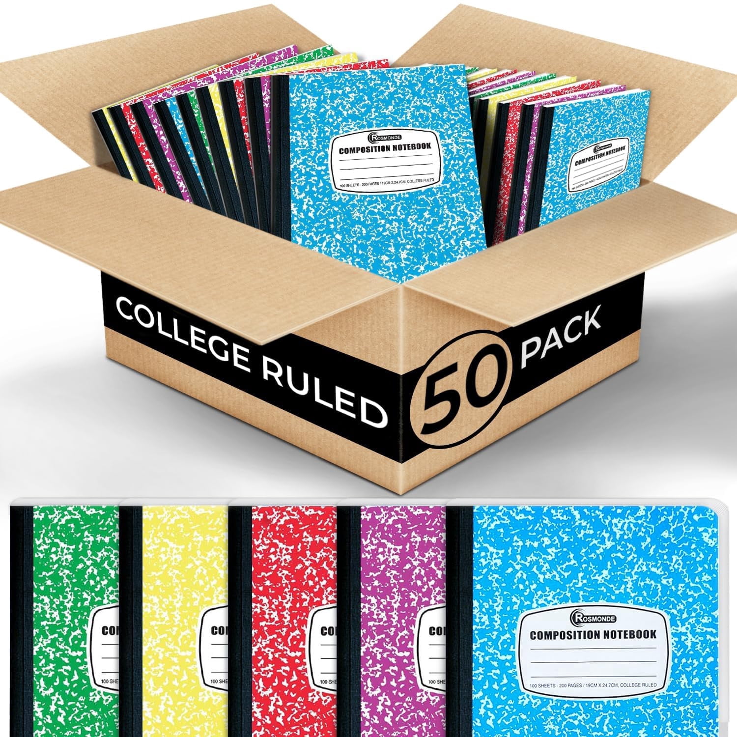 Rosmonde Composition Notebooks Bulk, 50 Pack, College Ruled, 200 Pages (100 Sheets), 9.75 x 7.5 in, Hard Cover Binding, Back to School Supplies, Bulk Notebooks for School & Office Use