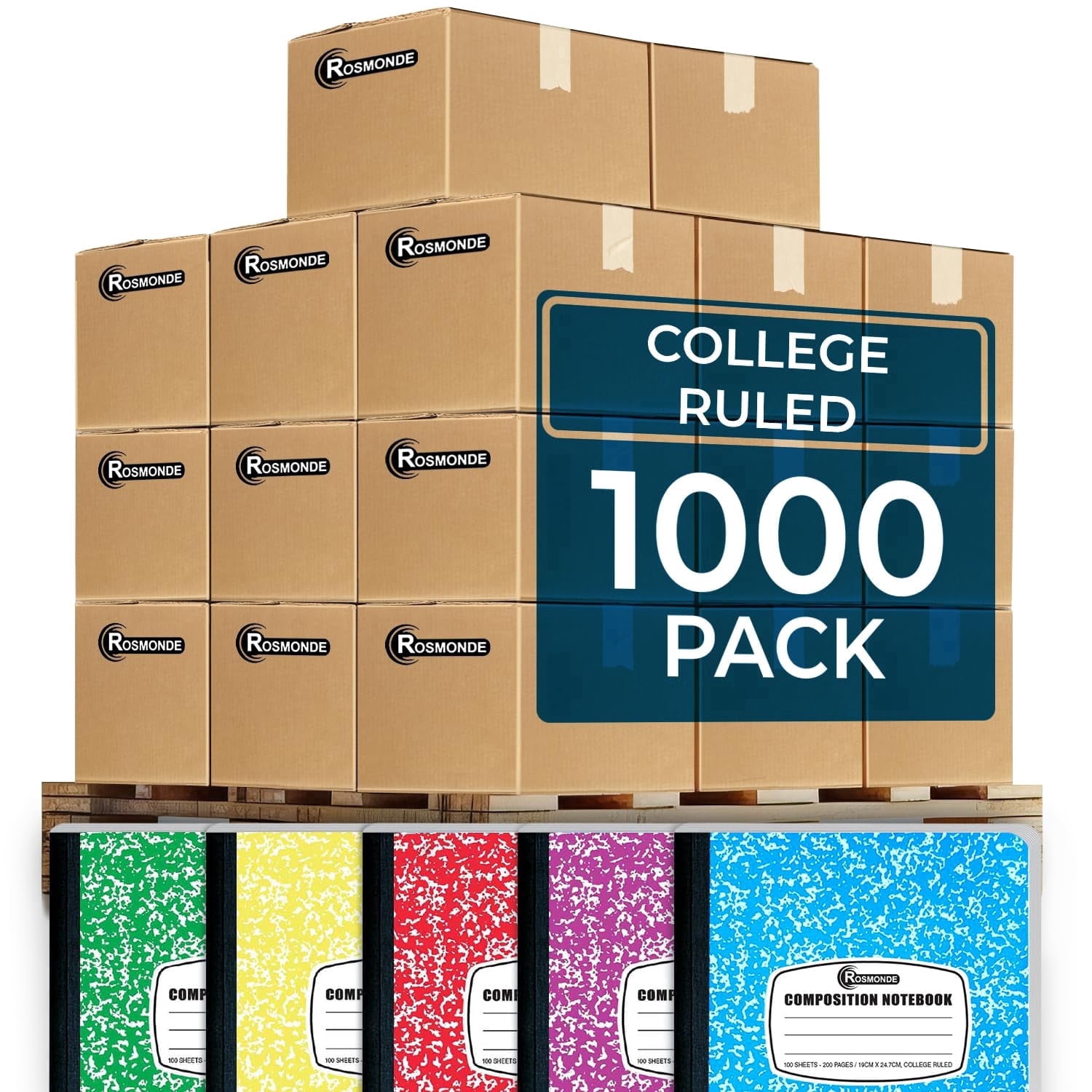 Rosmonde Composition Notebooks Bulk Pallet, 1000 Pack, College Ruled, 200 Pages (100 Sheets), 9.75 x 7.5 in, Marble Cover, Bulk Notebooks for School & Office Use, 4–7 Day Transit