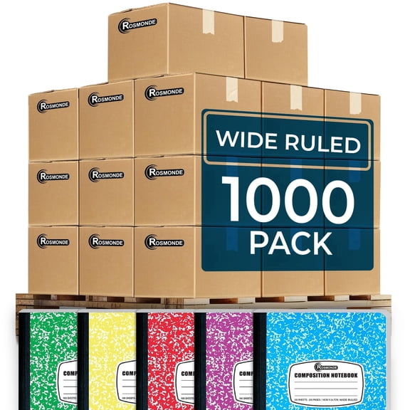 Rosmonde Composition Notebooks Bulk Pallet, 1000 Pack, Wide Ruled, 200 Pages (100 Sheets), 9.75 x 7.5 in, Marble Cover, Bulk Notebooks for School & Office Use, 4–7 Day Transit